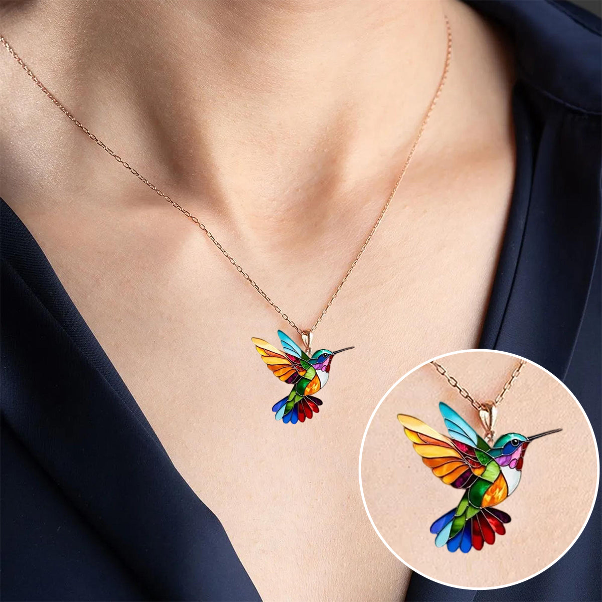 Åke™ - Mehrfarbige hypoallergene Edelstahl-Kolibri-Halskette