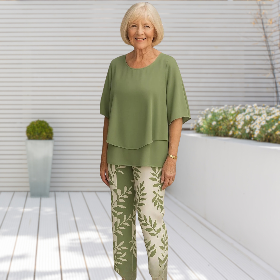 Casira™ - Lässiges Set mit gemusterter Hose und Rundhals-Oberteil für Damen